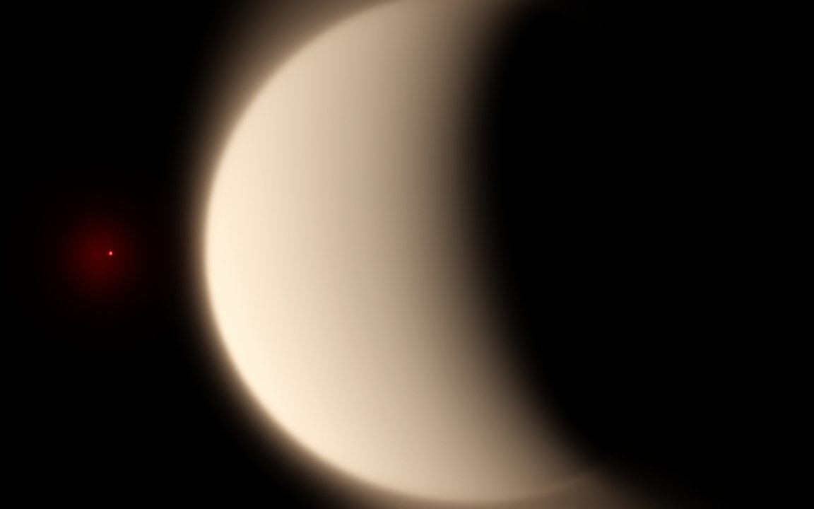A pale cream crescent of a planet beside a small, dim red star on the left, an impression of GJ 1214 b.