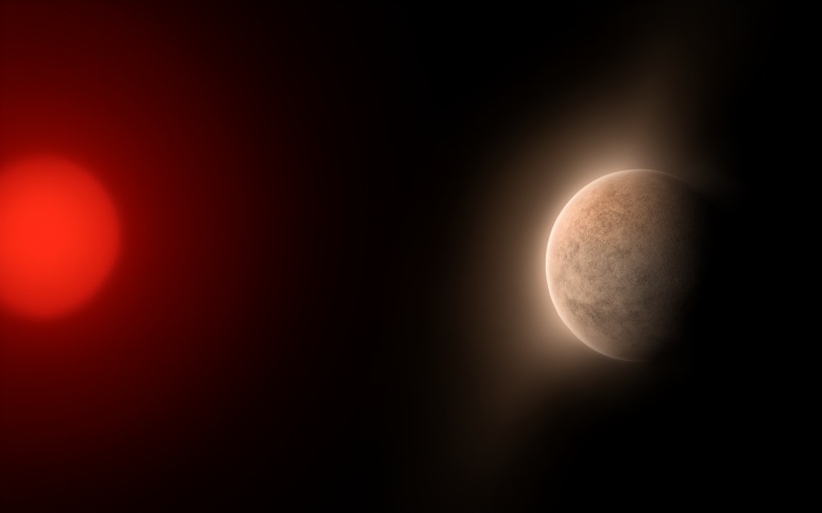 A dull red star on the left and a tan, rocky planet lit from that side through a thin haze, an impression of Gliese 12 b beside its small red star.