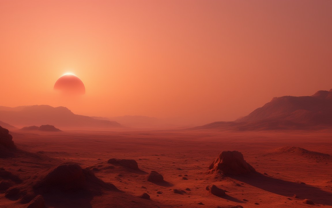A large, dim red sun low over a dry, rocky desert under a hazy orange-pink sky, an impression of the view from the surface of Gliese 12 b.
