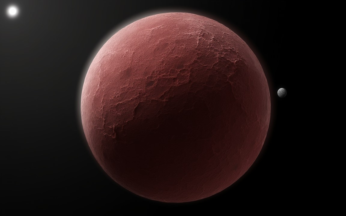 A rough, cratered reddish world with a small grey moon to its right, lit by the Sun as a bright star in the corner, an impression of Gonggong and its moon Xiangliu.
