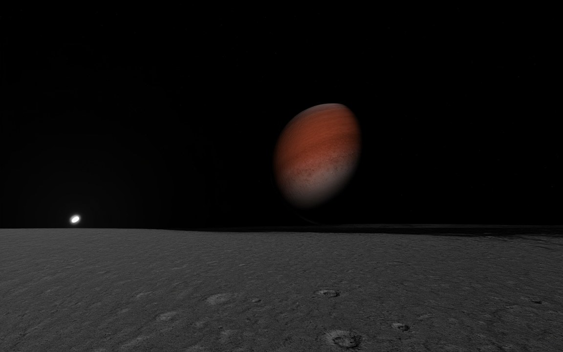 A reddish globe hanging in a black sky above the grey cratered ground of a small moon, the Sun a bright point low on the left, an impression of Gonggong seen from its moon Xiangliu.
