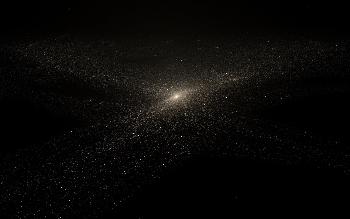 Countless faint galaxies scattered in sweeping streams towards a bright central point, an impression of the Great Attractor.