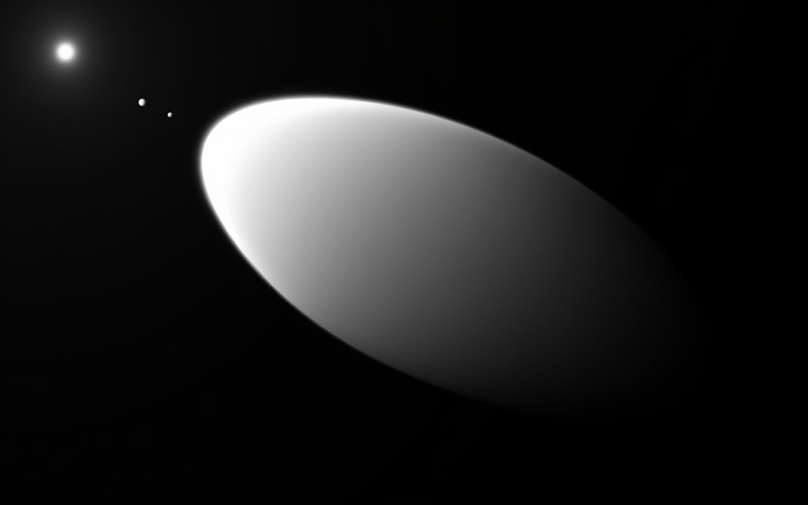 A smooth white world stretched into a long oval, lit from the upper left by the distant Sun, with two tiny moons nearby, an impression of the dwarf planet Haumea.