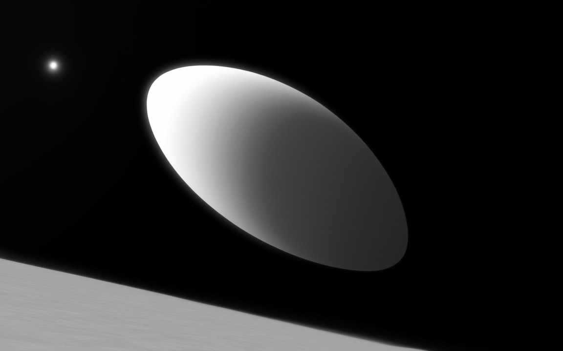 A white, egg-shaped world hanging in a black sky above the grey icy ground of a small moon, an impression of Haumea seen from one of its moons.