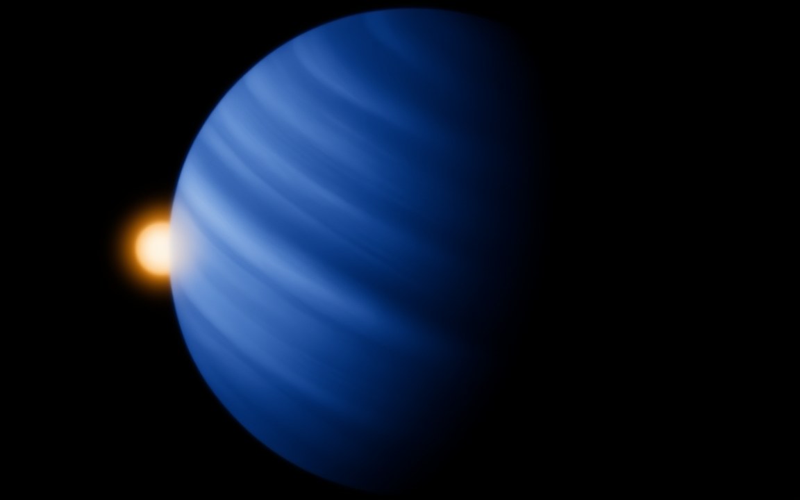 A deep blue gas giant with pale streaked bands, lit by a small orange star at its left edge, an impression of HD 189733 b.