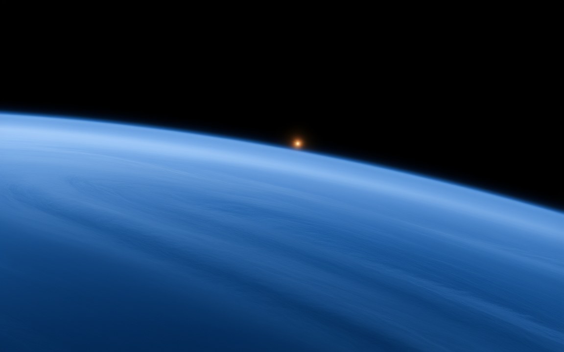 The curved blue horizon of a planet streaked with cloud, with a small orange star just above it, an impression of HD 189733 b.