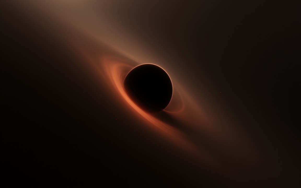 A dark sphere wrapped in a faint, warped orange ring of light in an otherwise dim brown sky, an impression of a black hole in the far future of the universe.