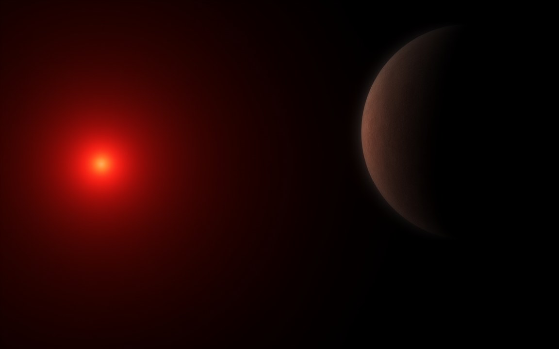 A dim red star glowing on the left and a cold, dark planet lit faintly from its side, an impression of the heat death of the universe.