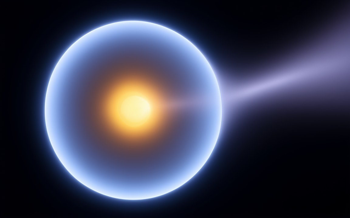 A bright yellow Sun inside a glowing blue bubble with a thin bright edge, trailing a faint tail off to the right, an impression of the heliosphere and its boundary, the heliopause.