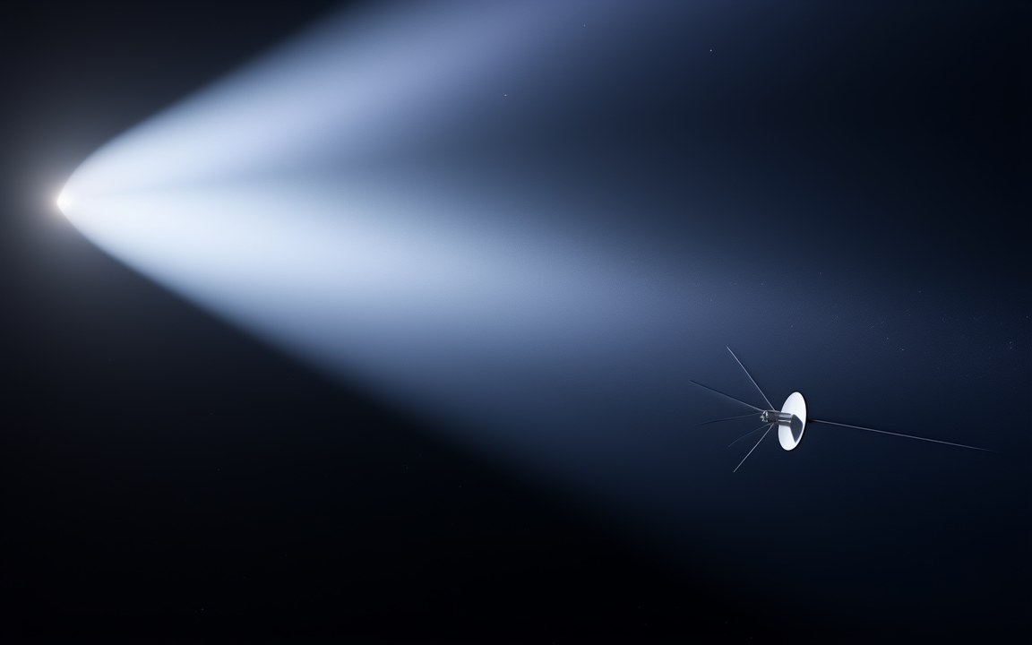 A small spacecraft with a white dish antenna drifting in dark space beside a broad, glowing pale blue sweep of gas, an impression of a Voyager probe at the heliopause.