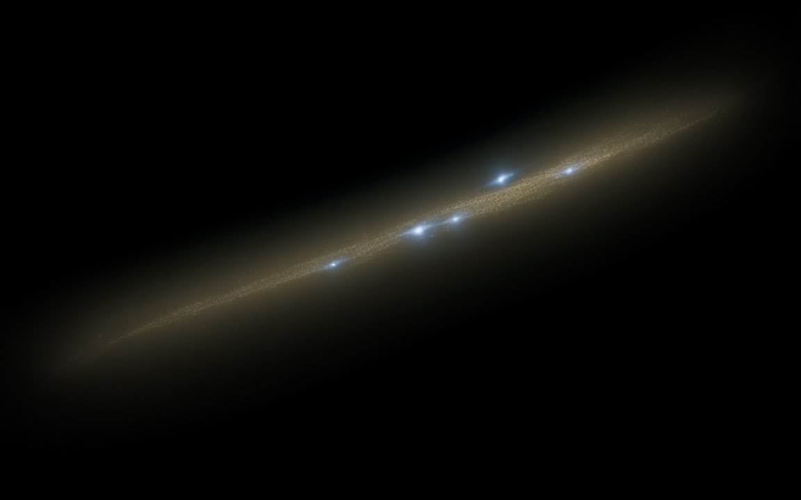 A long, thin, faint band of countless tiny golden galaxies crossing black space diagonally, with five small blue-white flashes along it, an impression of the Hercules–Corona Borealis Great Wall traced by gamma-ray bursts.