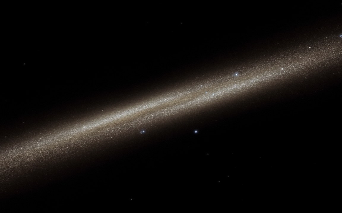 A broad, grainy band of countless faint points of light running diagonally across black space, with a few small blue-white flashes scattered along it, an impression of the Hercules–Corona Borealis Great Wall.