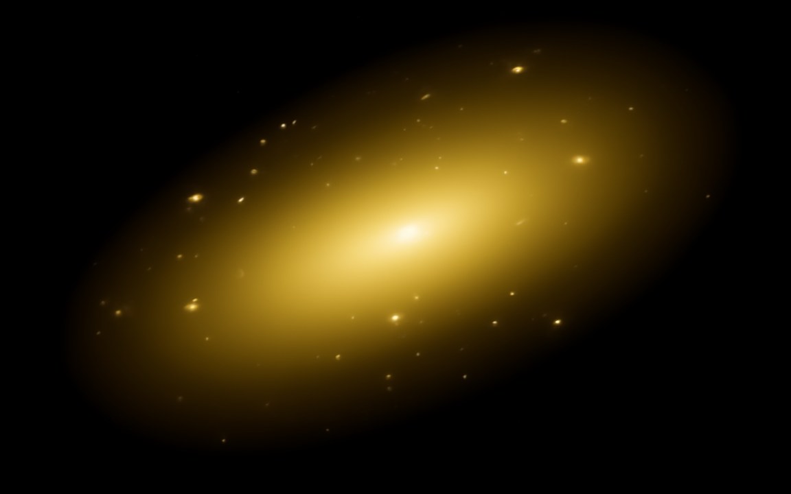 A huge, smooth, golden oval glow of stars with no spiral arms, brightest at its centre, with small points of light scattered across its faint halo, an impression of the giant galaxy IC 1101.