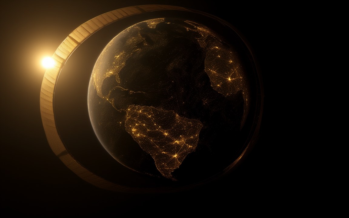 Earth at night with glowing city lights, ringed by a curved golden structure that catches the light of a nearby star, an impression of a civilisation on the Kardashev scale.
