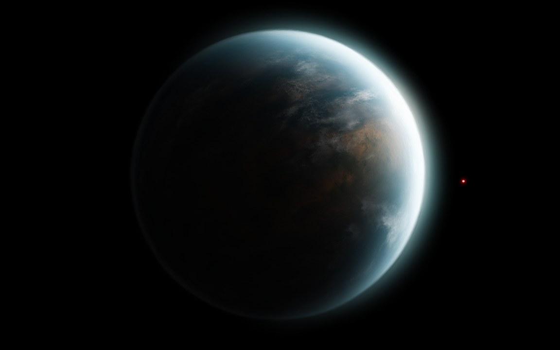 An Earth-sized planet with brown land under scattered white clouds, its right edge lit by a tiny red star in black space, an impression of Kepler-1649c.