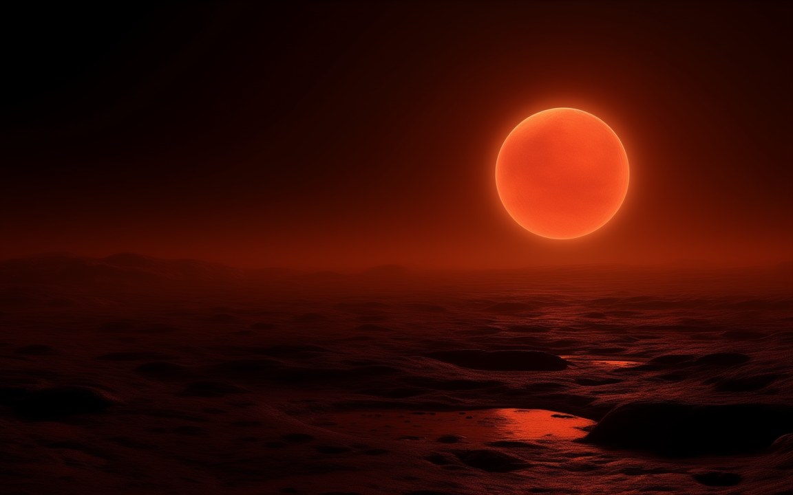 A large, dull red-orange sun hanging over a dark, rocky landscape with shallow pools that reflect its red light, an impression of the sky from Kepler-1649c.
