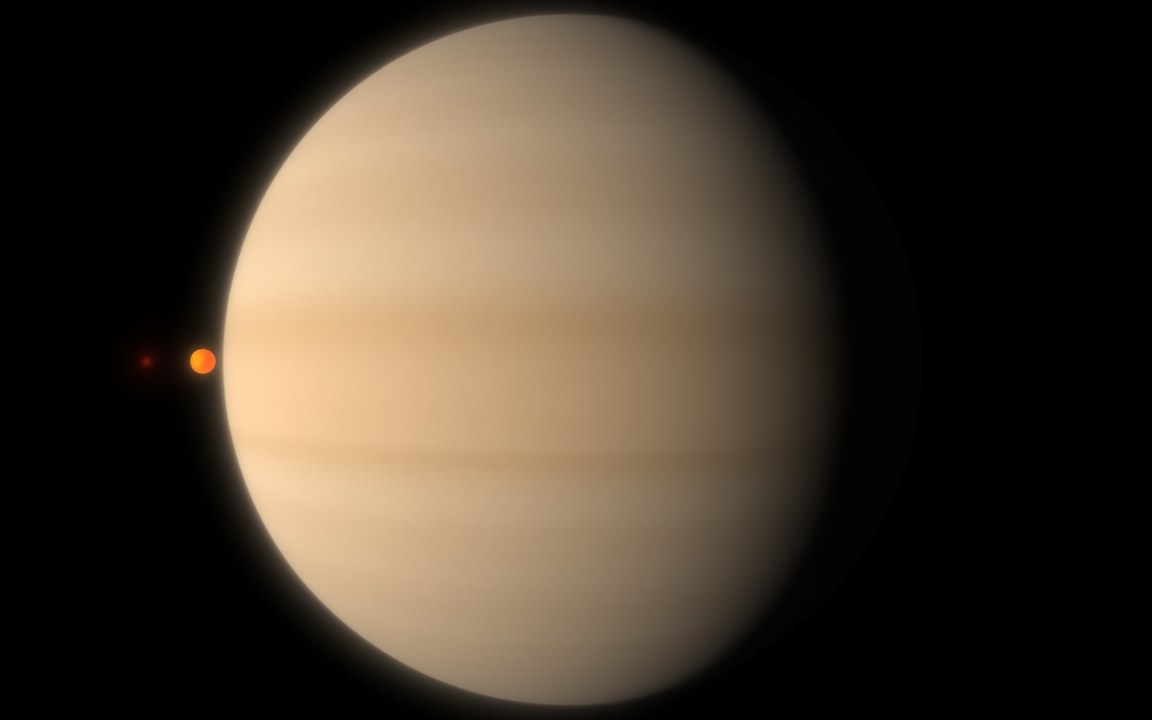 A pale, banded gas giant with two small orange stars at its left edge, an impression of Kepler-16b and its two suns.