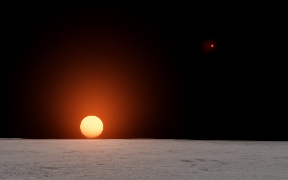A pale icy plain under two suns, one setting on the horizon and a small red one high in the sky, an impression of the view from Kepler-16b.
