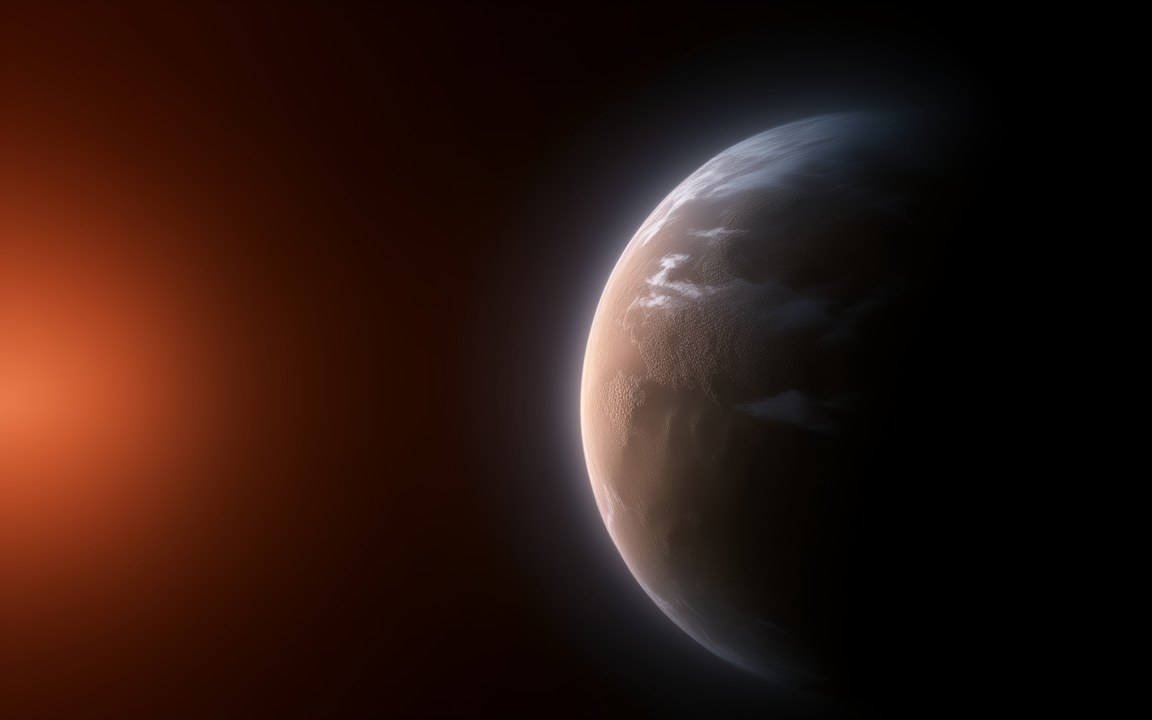 A rocky planet with patches of cloud, lit from the left by a large, dim red star, an impression of Kepler-186f.
