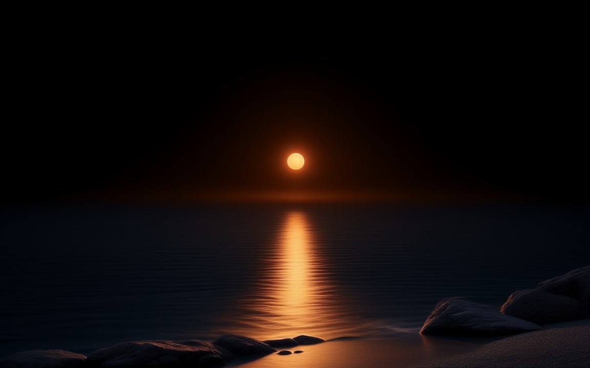 A small orange sun reflected in calm dark water, with rocks along the shore, an impression of a shore on Kepler-186f.