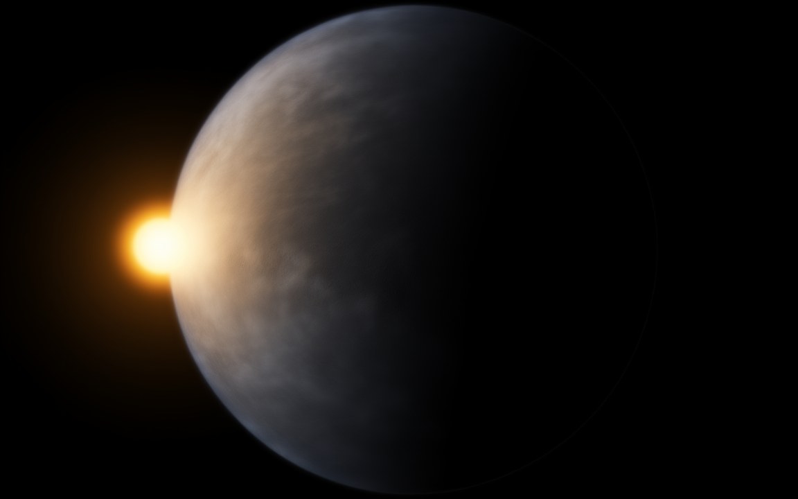 A grey-brown rocky planet, most of it in shadow, lit by an orange star at its left edge, an impression of Kepler-442b.