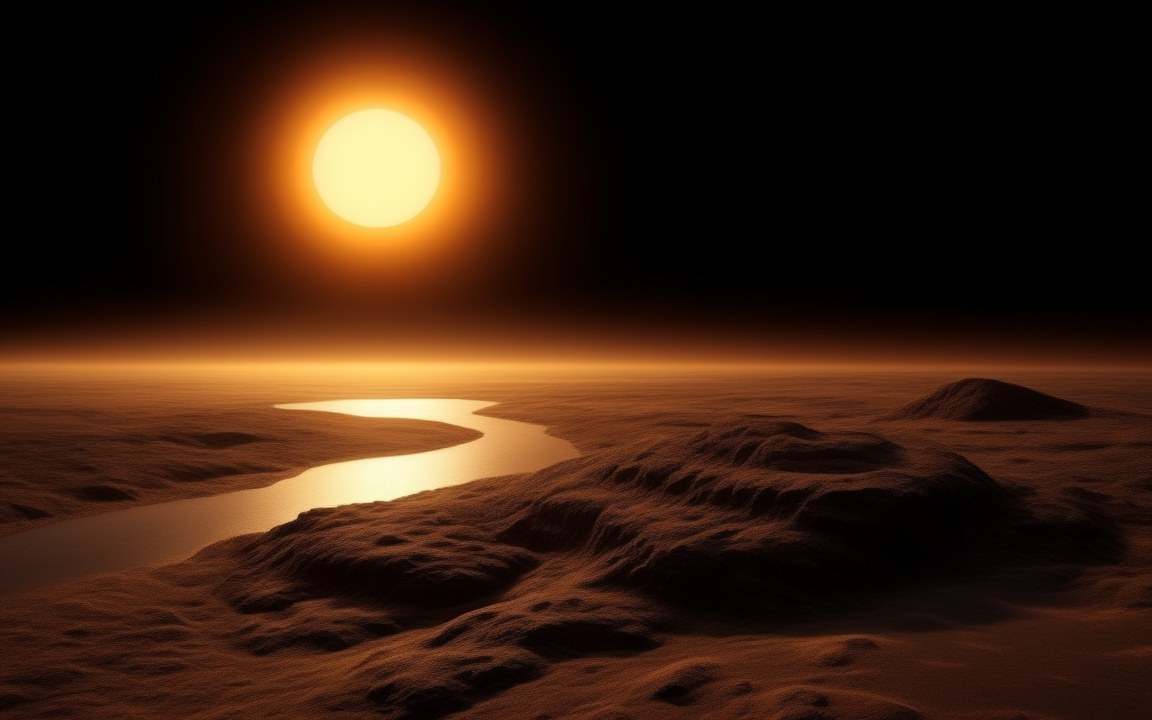 A winding river crossing a reddish desert of low hills under a large orange sun, an impression of the surface of Kepler-442b.