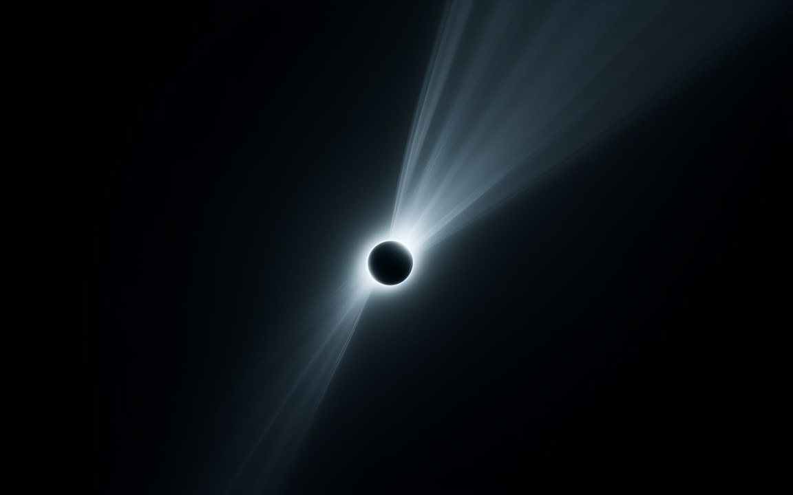 Pale beams of light sweeping in from the upper right and converging on a tiny black sphere ringed with white light, an impression of a kugelblitz forming from light alone.