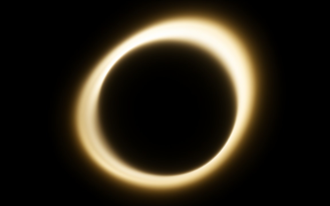 A thick golden ring of light around a perfectly black circle in dark space, an impression of a kugelblitz, a black hole made from light.