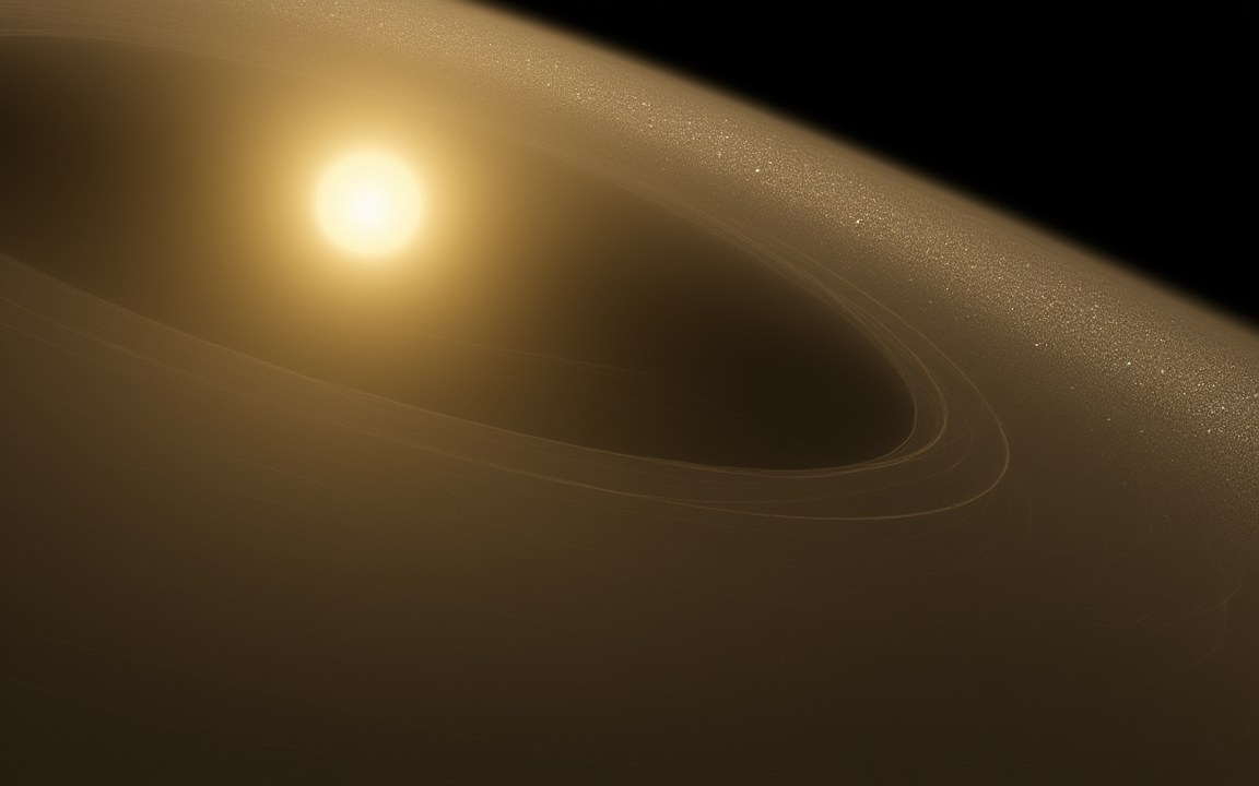 A bright Sun surrounded by a wide, flat band of glittering golden particles curving around it, an impression of the Kuiper belt.