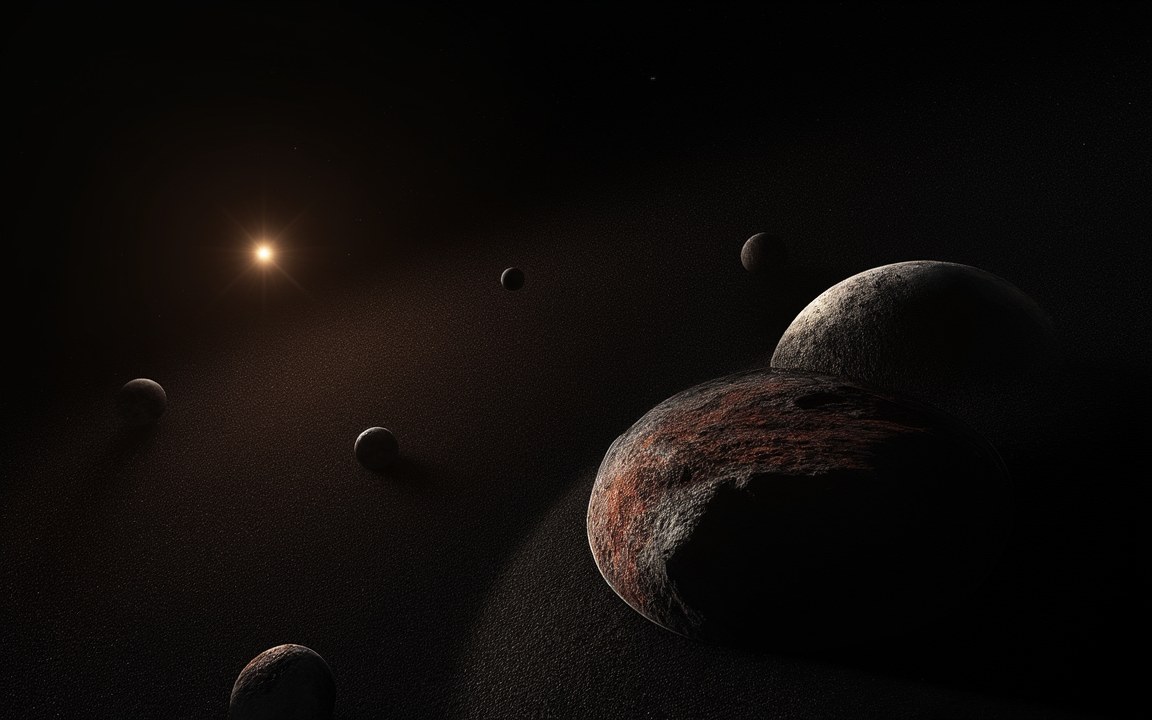 Several reddish and grey icy bodies of different sizes scattered through dark space, the Sun only a small bright star in the distance, an impression of objects in the Kuiper belt.