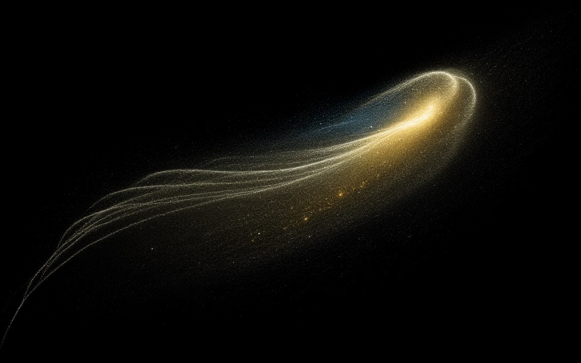 Fine golden and white streamlines of countless tiny galaxies sweeping in from the lower left and gathering in a bright golden region like a feather, an impression of the galaxy flows of the Laniakea Supercluster.