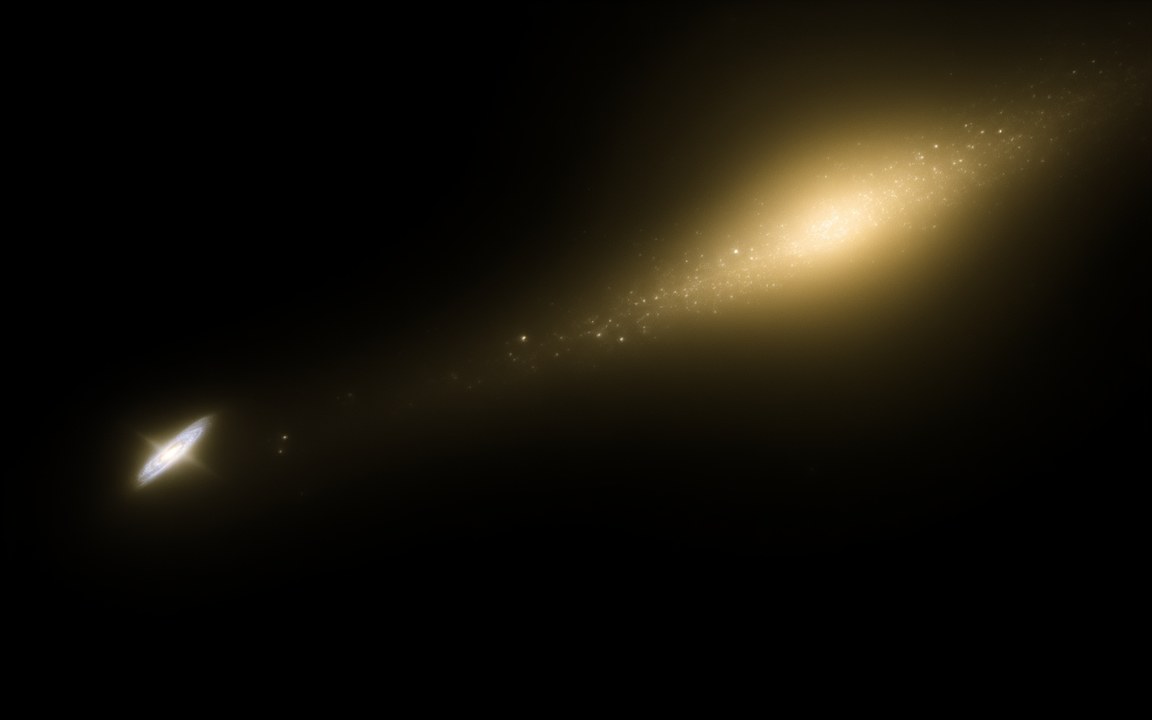 A small bright galaxy seen edge-on at the lower left, in a faint stream of stars leading towards a large golden glow of crowded galaxies, an impression of the Milky Way in the outskirts of Laniakea.