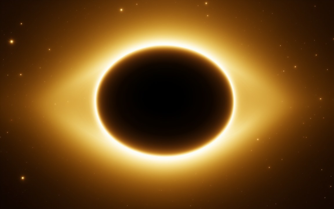 A black shadow ringed by bright light inside a vast golden glow of stars, an impression of one of the largest black holes at the centre of a giant galaxy.