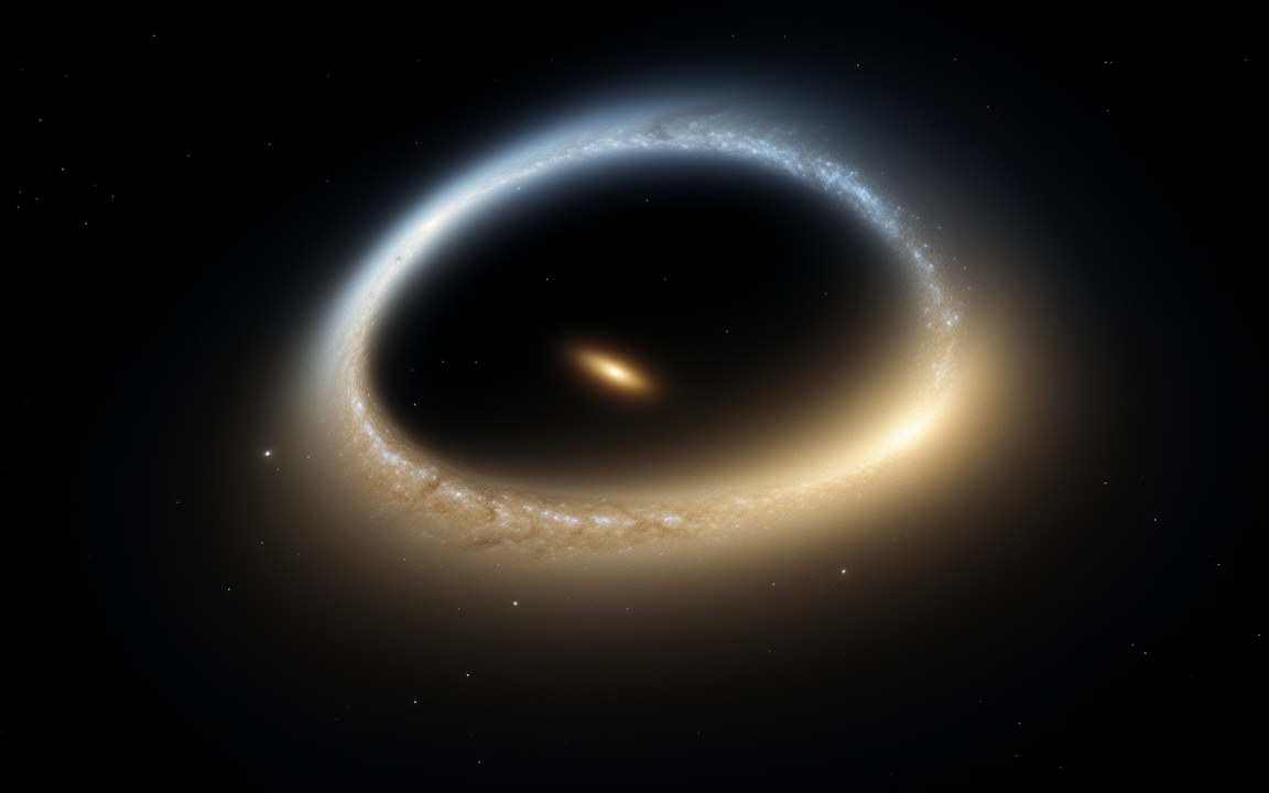 A bright golden galaxy inside an almost complete ring of pale blue light, an impression of the Cosmic Horseshoe, whose galaxy holds one of the most massive black holes known.