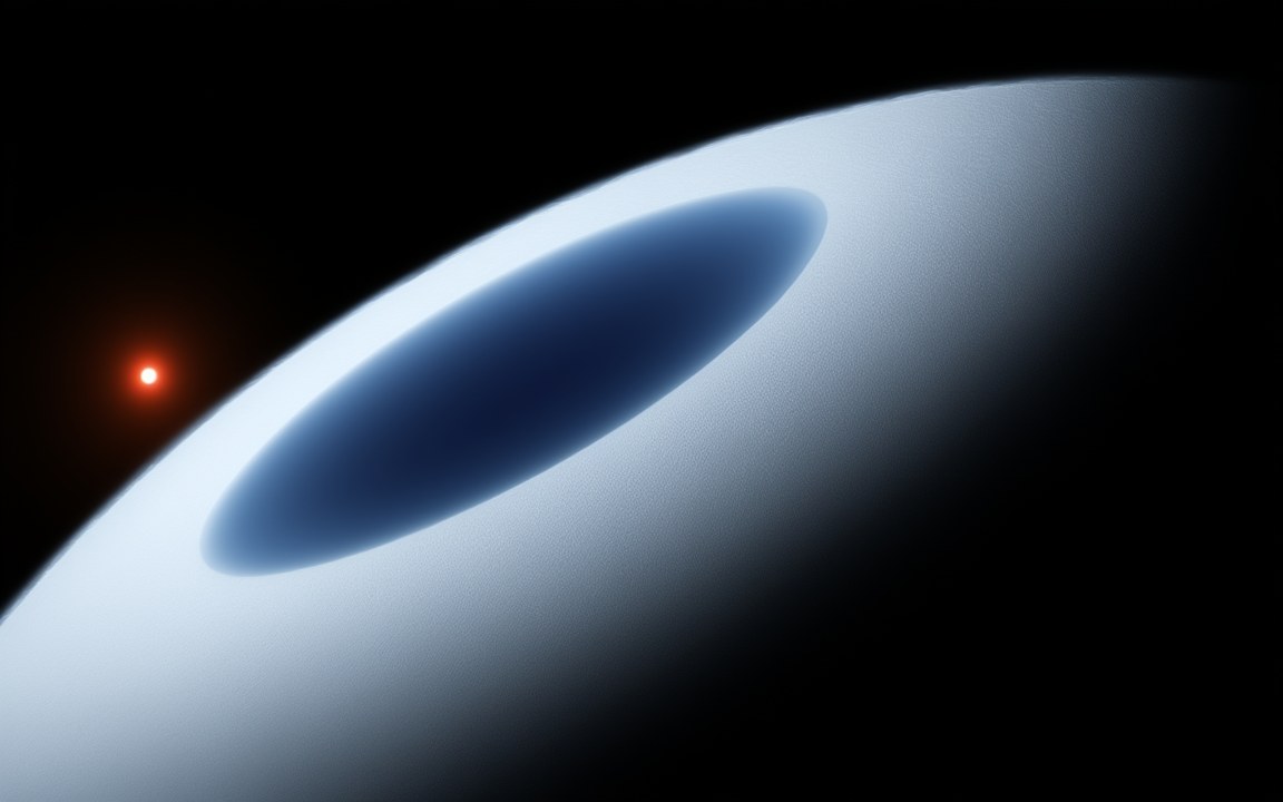 A white, icy planet with one large dark blue patch on its face, lit by a small red star on the left, an impression of LHS 1140 b.