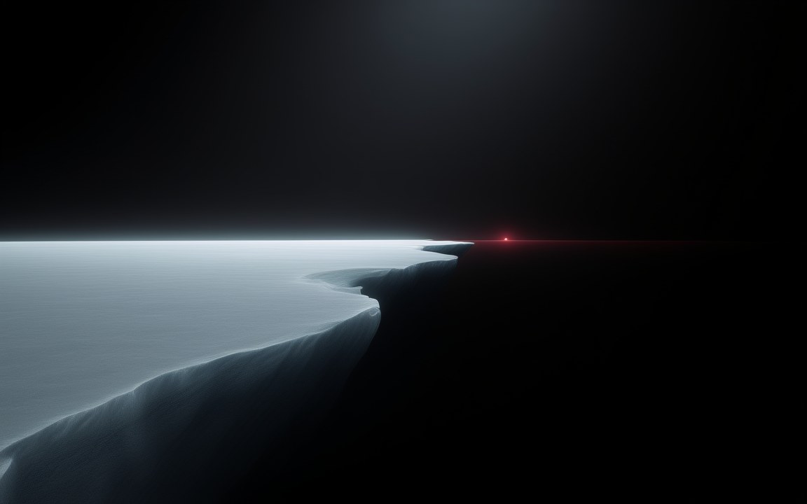 The edge of a white ice sheet meeting dark open water, with a faint red star on the horizon, an impression of the surface of LHS 1140 b.