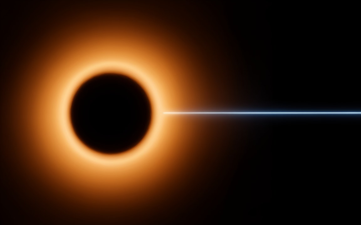 A black disc ringed by glowing orange light, with a thin blue jet shooting out to the right, an impression of the black hole M87*.