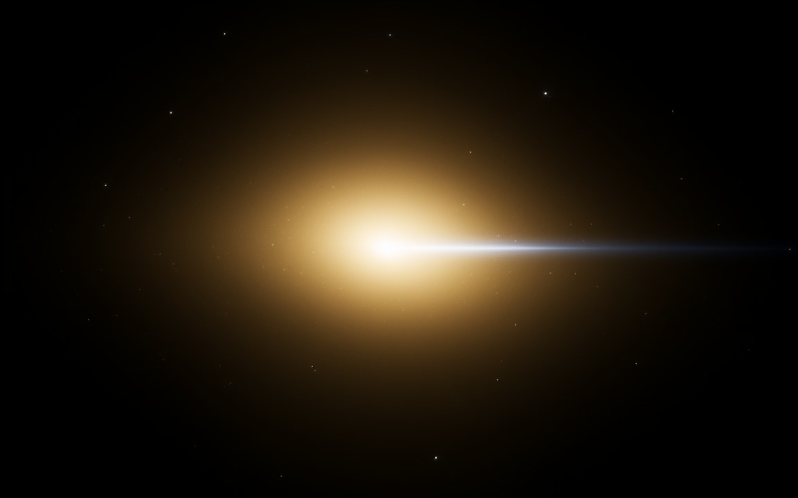 The soft golden glow of a galaxy core with a thin blue-white jet stretching out to the right, an impression of the galaxy M87 and its jet.