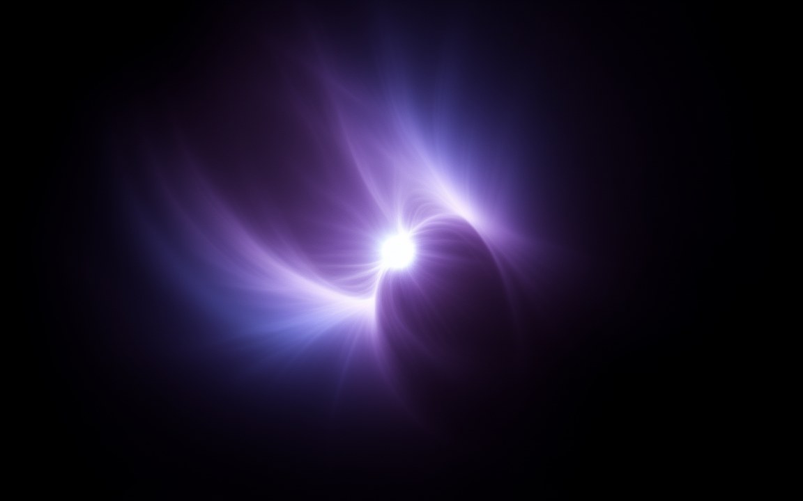 A bright point of light at the centre of sweeping violet arcs of light, an impression of a magnetar and its magnetic field.