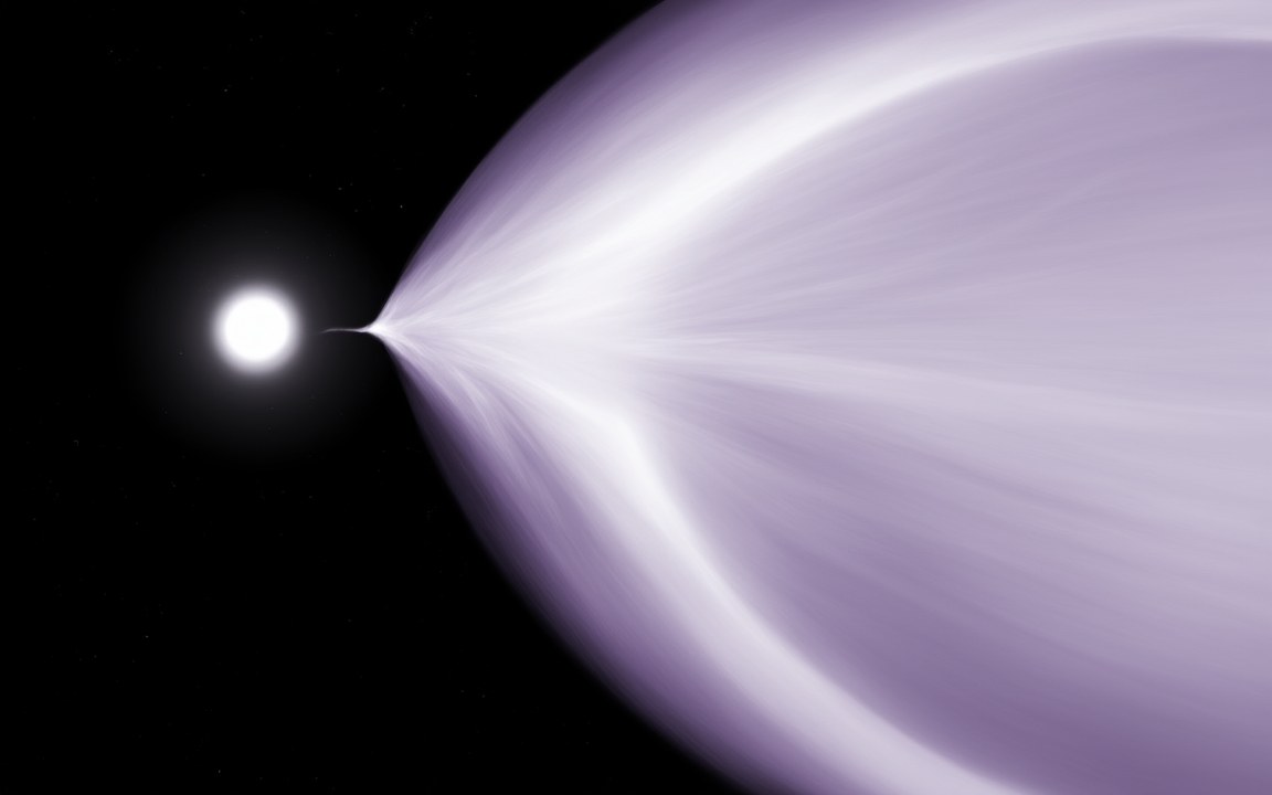 A brilliant white star releasing a huge, fanning cone of pale violet light, an impression of a magnetar flare.