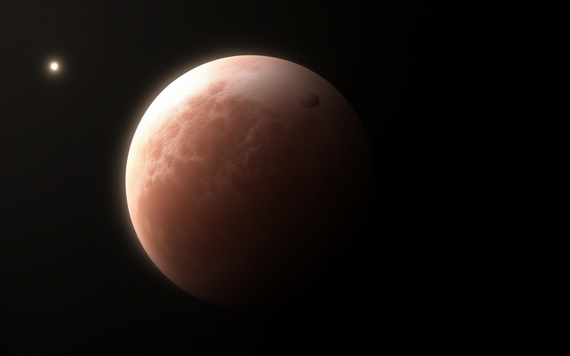 A reddish-brown world with a mottled frosty surface and a small dark moon at its edge, lit by the Sun as a bright star, an impression of the dwarf planet Makemake.