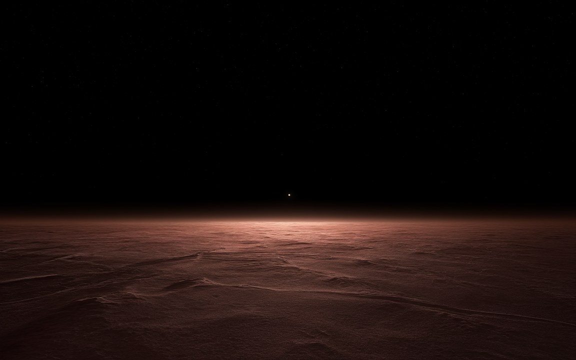 A wide, rough plain of reddish frost stretching to a flat horizon under a black sky, with the Sun only a small bright star above it, an impression of the surface of Makemake.