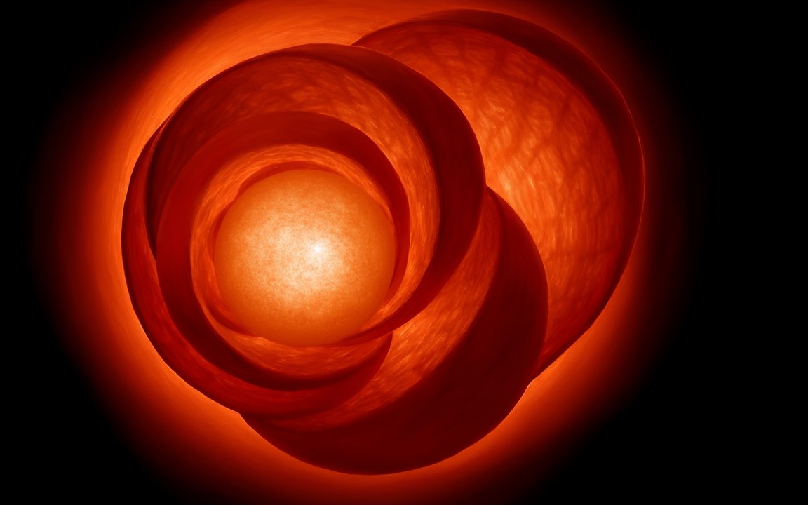 A glowing orange star wrapped in several nested, partly open red shells, an impression of a Matrioshka brain.