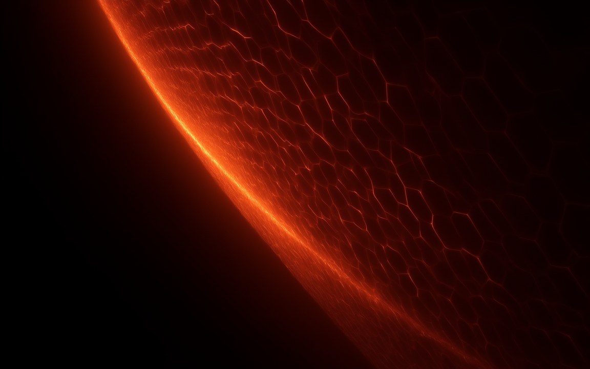The curved edge of a dark red shell covered in a fine pattern of glowing hexagons, an impression of the outer layer of a Matrioshka brain.