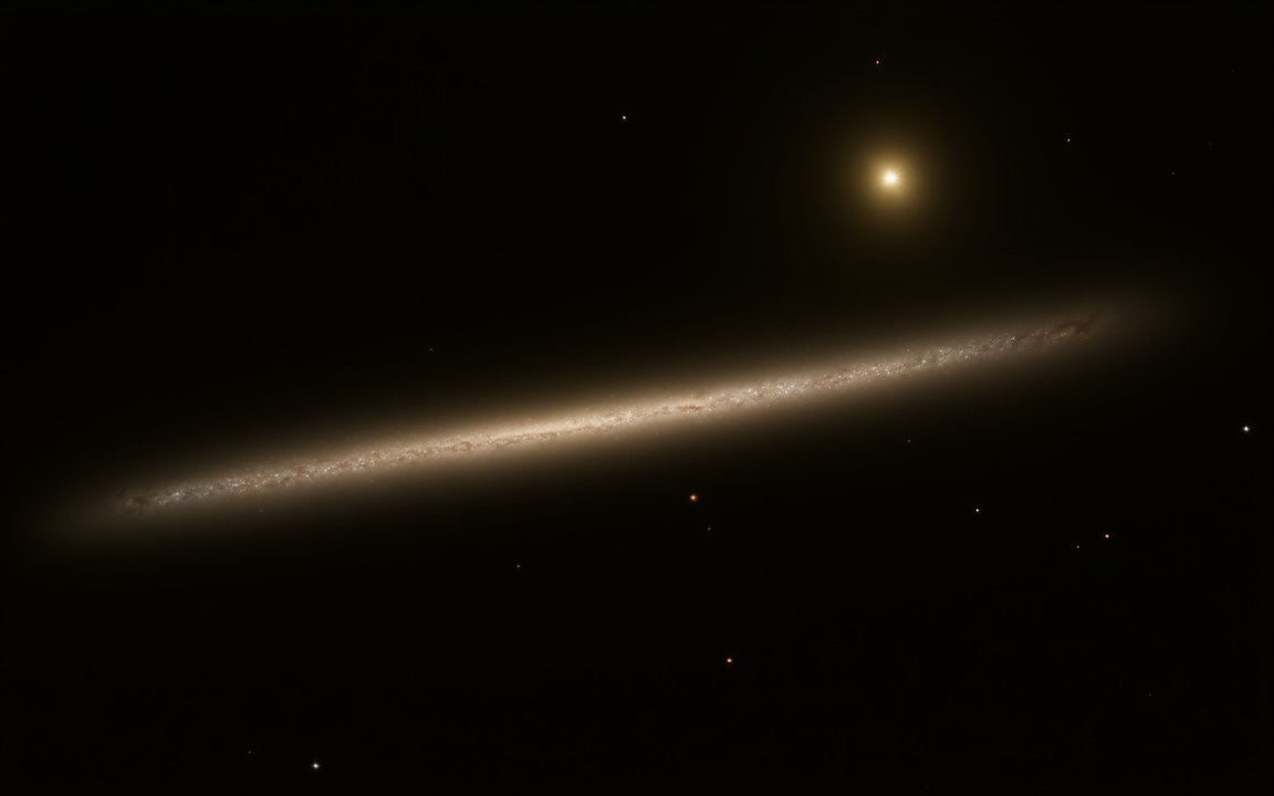 A single yellow-white star shining above the thin, edge-on band of a spiral galaxy, an impression of the Methuselah star high in the halo of the Milky Way.