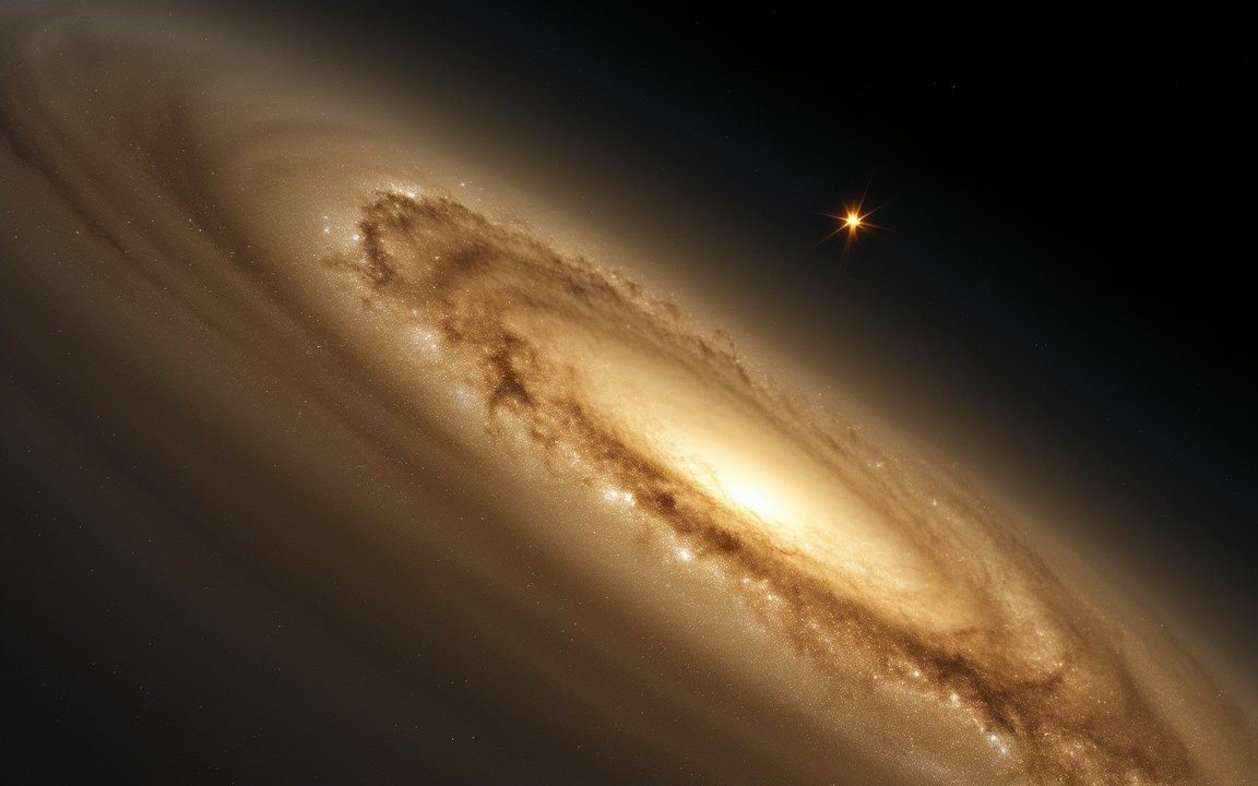 A spiral galaxy seen at a slant, with a single bright star alone in the dark space above it, an impression of the Methuselah star travelling through the halo of the Milky Way.