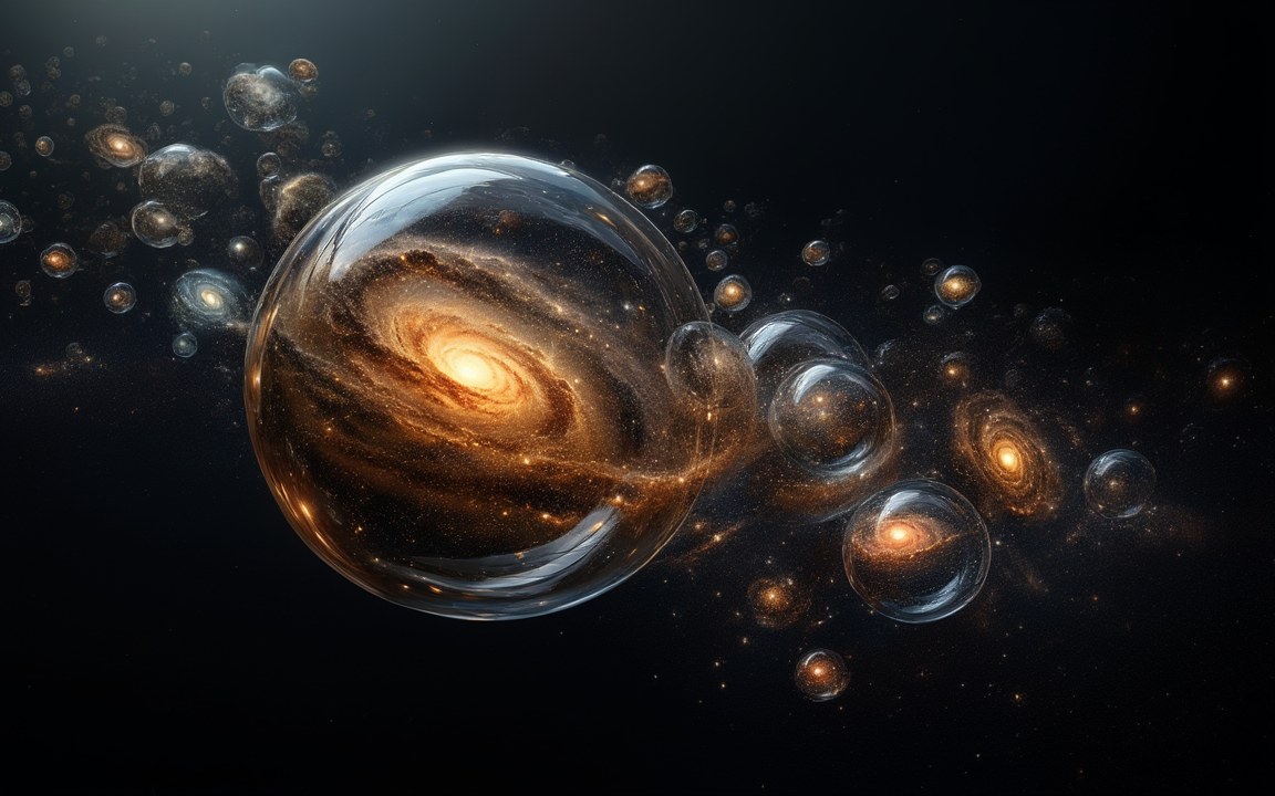 Glassy bubbles of many sizes floating in dark space, each holding glowing galaxies and stars, an impression of the multiverse as bubble universes.