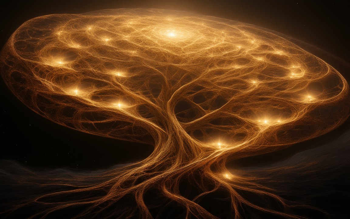 A vast glowing golden tree whose branches split again and again into points of light, an impression of a branching multiverse.
