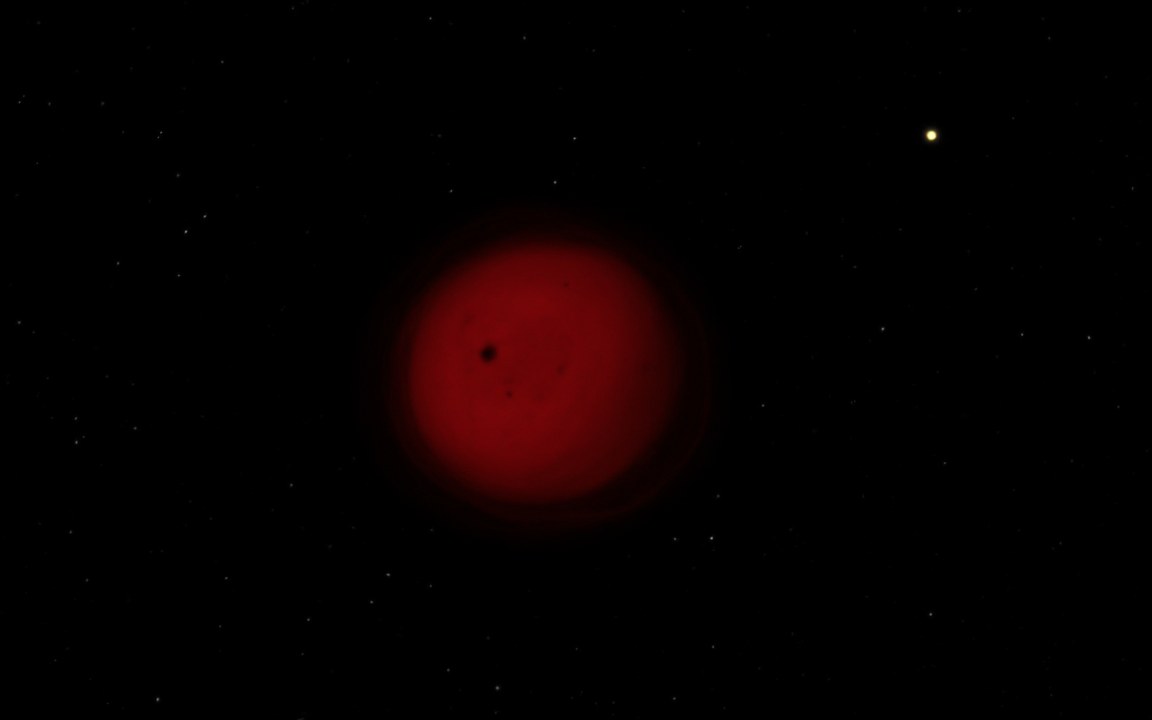 A dull red star with a few dark spots on its surface hangs in black space among faint stars, with one small yellow-white point far off at the upper right, an impression of the hypothetical star Nemesis with the distant Sun.