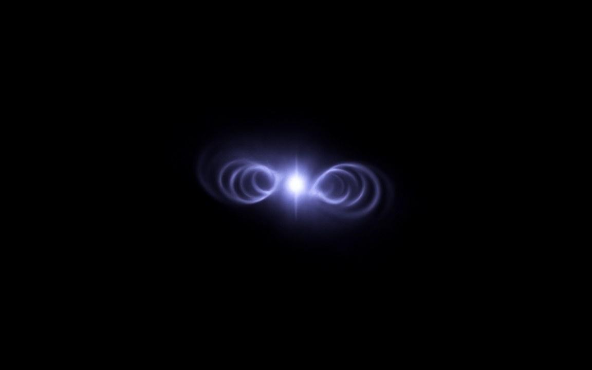 A tiny bright star flanked by looping blue lines of a magnetic field, an impression of a neutron star.